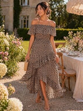 RHODE Resort “Salma” Brown Dot Ruffle Maxi Dress ~ Sz XS